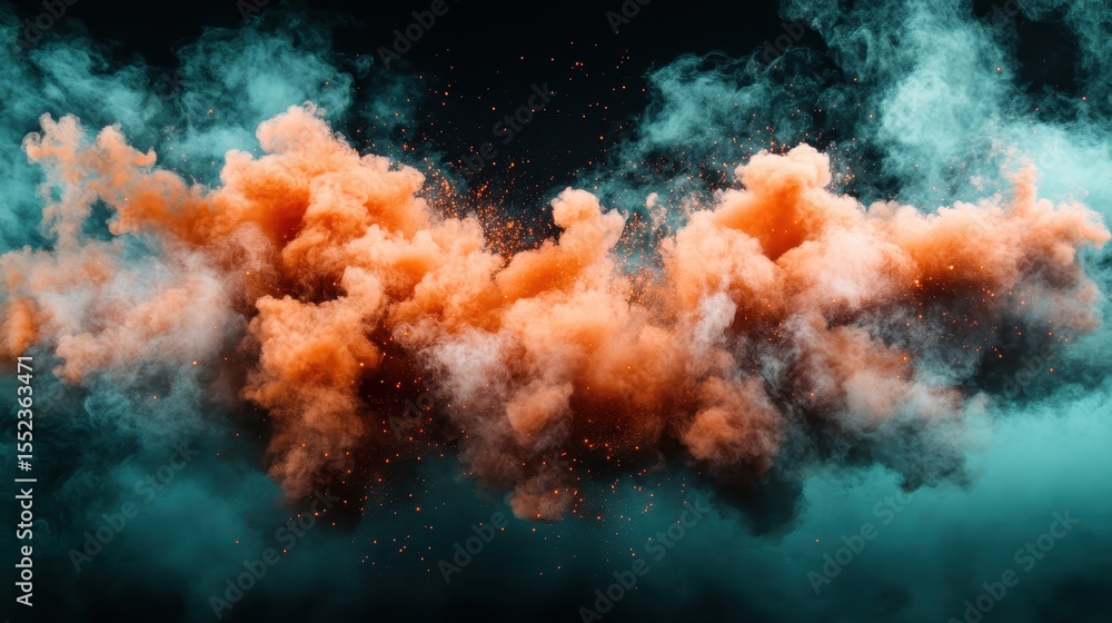 Poster an abstract display of vibrant orange and turquoise smoke clouds rises against a dark backdrop, crea