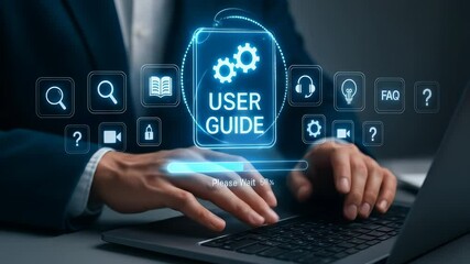User guide instruction manual digital help support FAQ search information technology business guidance concept with person using laptop and futuristic interface icons, digital help support FAQ search