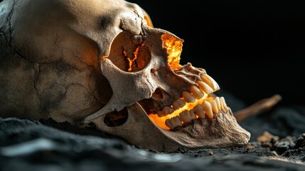 A hauntingly beautiful skull showcasing glowing teeth, radiating an eerie light in the darkness, symbolizing the juxtaposition of life and death in an artistic manner.