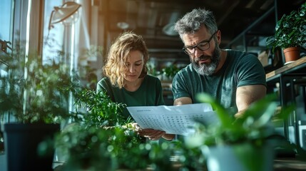 A couple is seen deeply engaged in examining plans amidst a lush indoor garden filled with thriving houseplants, creating a serene and inviting atmosphere for creativity.