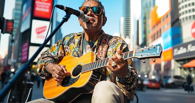 Video footage of a musician playing acoustic guitar outdoors. The subject wears sunglasses a colorful shirt and is surrounded by a city backdrop