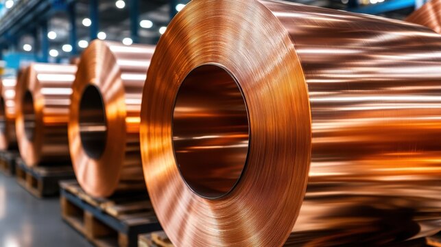 A shiny roll of copper wire in a manufacturing facility reflects the ambient light, showcasing its metallic texture and vivid color, emphasizing its industrial significance.