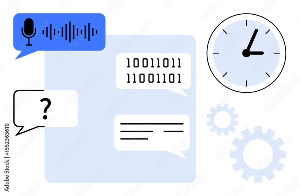 Poster chat bubbles with binary and generic text, voice input icon, clock, and gears. ideal for communicati