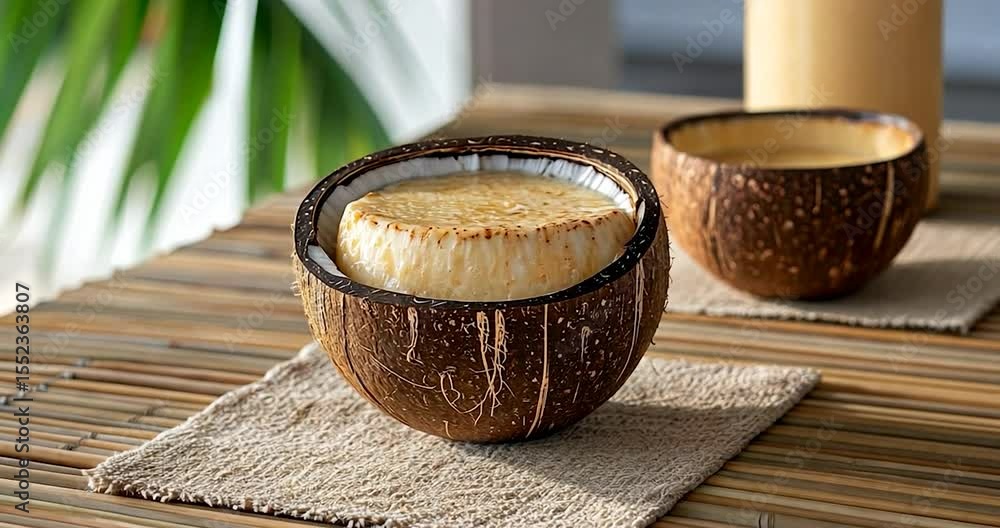 Poster close up view of coconut shell with inside food presentation in natural style. food in a coconut she