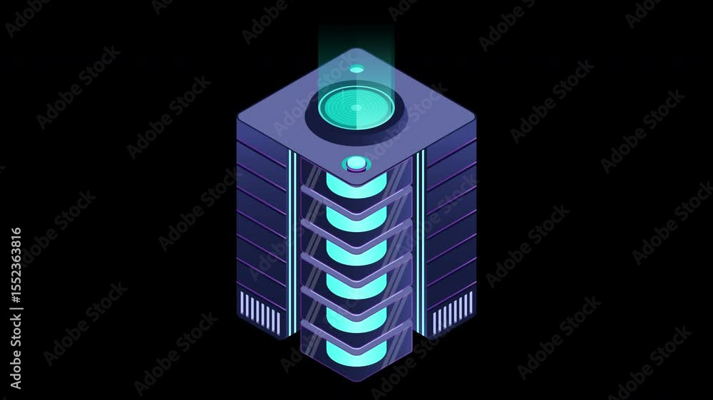 Aufkleber Isometric futuristic server animation. Isometric database or data center. Abstract blockchain. Computer storage. Cloud storage. Transparent background with alpha channel