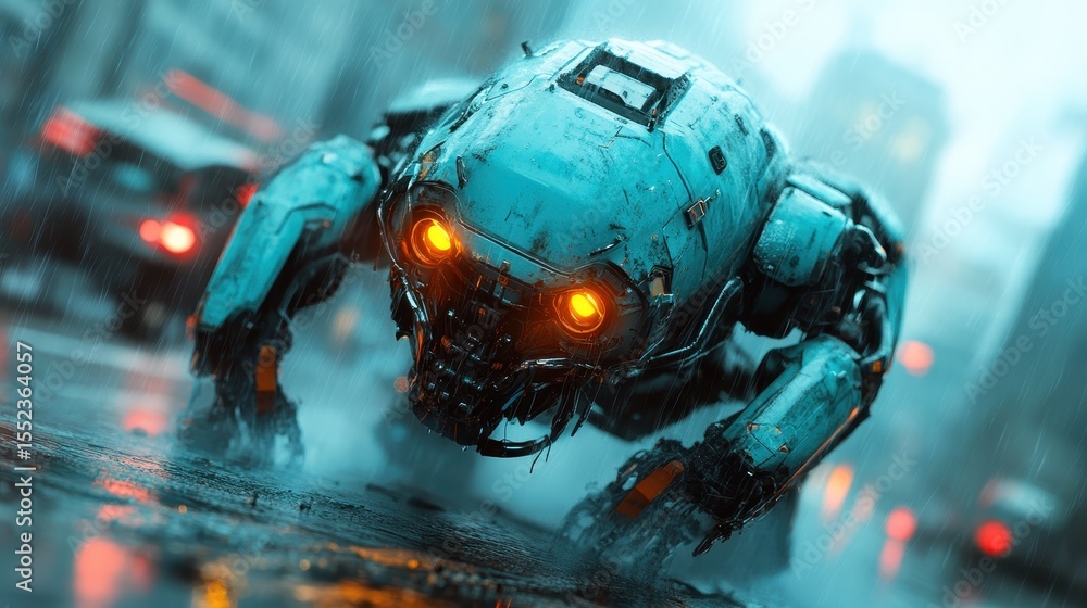 Poster this captivating image features a futuristic robotic creature with glowing eyes, navigating through 