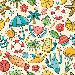 Summer Vacation Doodle Seamless Pattern, Beach & Sea Travel Elements