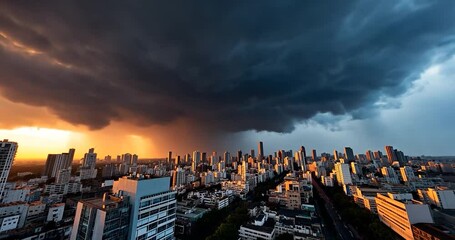 Cityscape under a dramatic sky with contrasting orange and blue hues Rain pouring over a dense urban area during sunset or sunrise High angle view