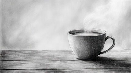 Steaming cup on weathered wood surface, soft monochrome rendering, evokes quiet warmth