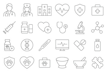 Medical And Veterinary Line Icons Set, Healthcare, Doctor, Hospital, Medicine, Pet Care, and Pharmacy Vector Symbols