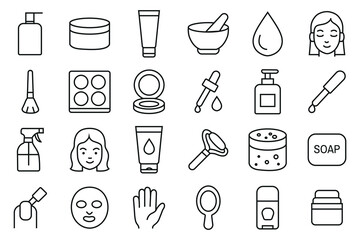 Minimal Skincare and Beauty Line Icons Set, Clean Cosmetic, Spa And Makeup Outline Vector Pack