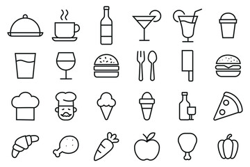 Food And Drink Line Icons Set, Restaurant, Chef, Drinks, Meals, Snacks, Fruits, and Kitchen Tools Vector Collection
