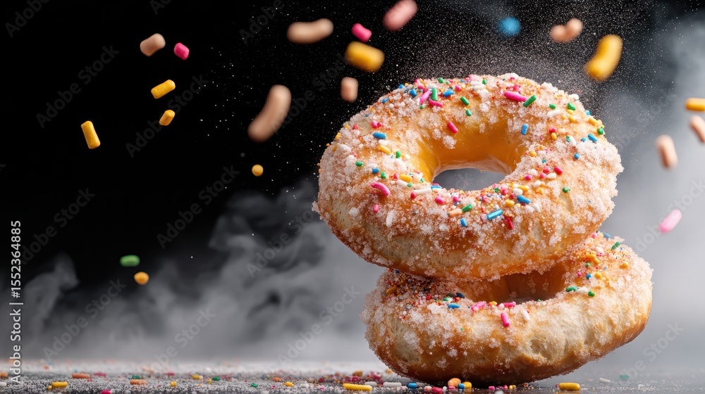 Poster the appetizing image of stacked donuts sprinkled with colorful icing captures the essence of fun and