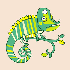 cartoon illustration of a chameleon walking on a branch