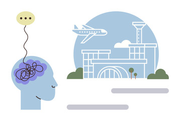 Persons head with tangled thoughts, speech bubble above, airport terminal, airplane in flight. Ideal for mental health, anxiety, travel stress, decision-making, problem-solving mindfulness focus
