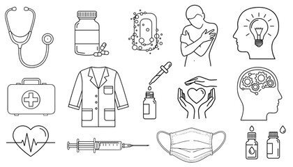 Medical and wellness line icons set for healthcare web and app design. Icons include stethoscope, pills, soap, hugging person, idea head, first aid kit, doctor coat, dropper, heart in hands, brain etc