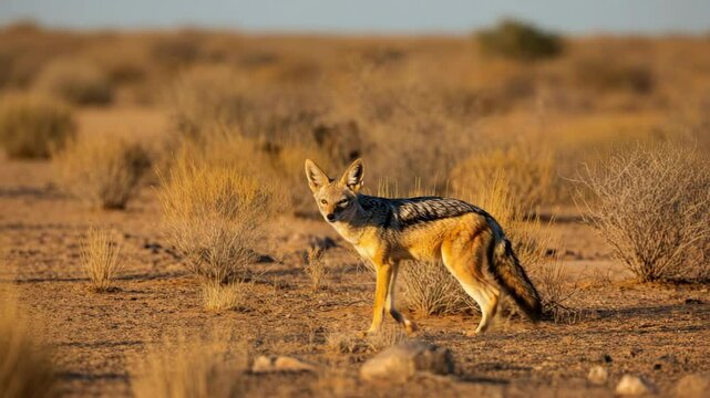 Black-backed jackal stands in dry, bushy African savanna landscape