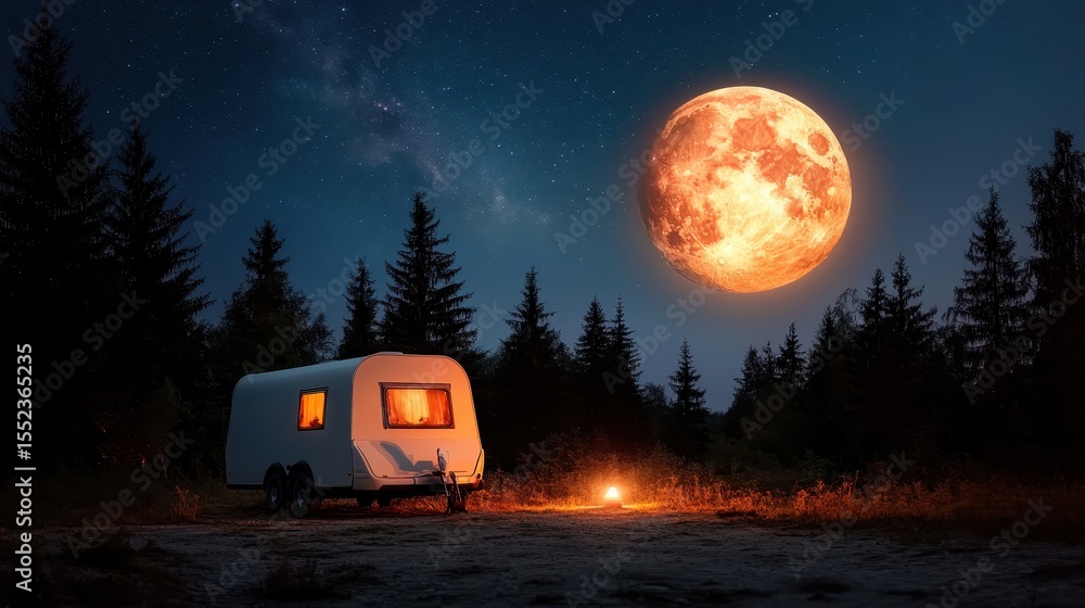 Poster a cozy caravan is illuminated under a stunning full moon, surrounded by tall trees in a tranquil for