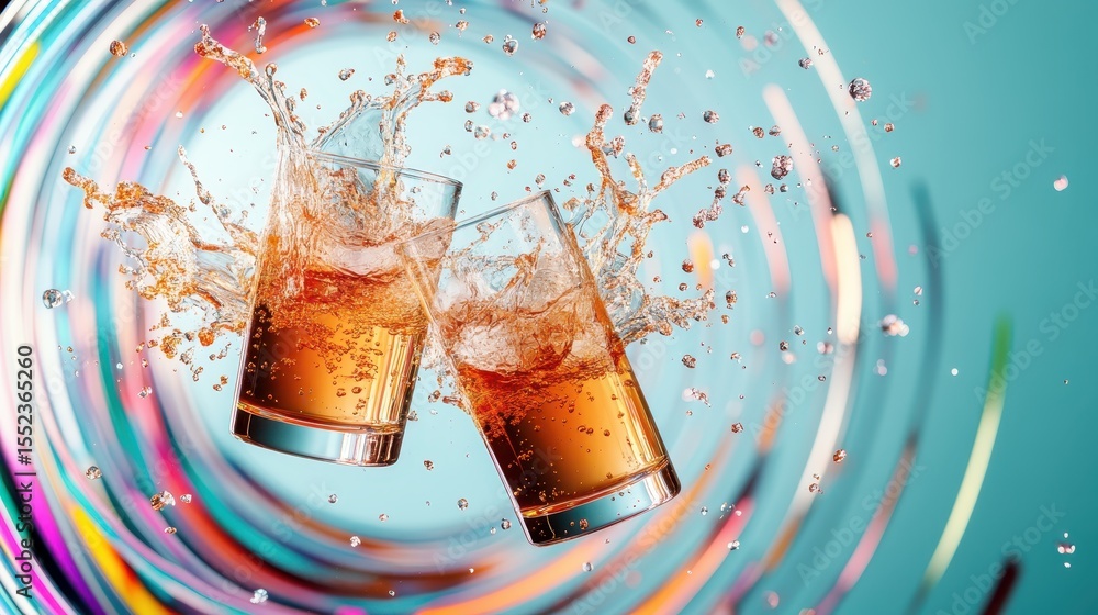 Poster this vibrant image captures the dynamic splash of two glasses clinking filled with colorful drinks, 