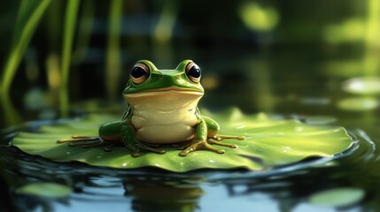 A vibrant green frog sits serenely on a lily pad floating on calm, dark water, with blurred greenery in the background, sunlight illuminating the scene