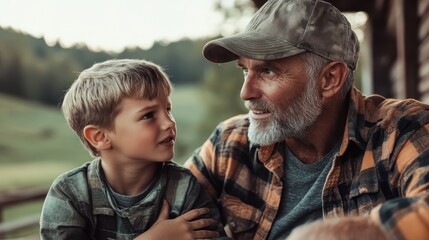 Fototapeta premium An intimate moment between a grandfather and his grandson, capturing the essence of familial love and wisdom amidst a beautiful natural backdrop during a golden hour.