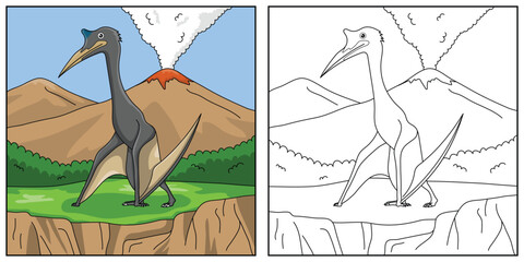 Cute cartoon Quetzacoatlus, funny illustration, coloring book for kids and children.