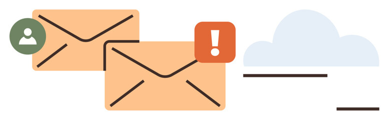 Two orange email envelopes, one with a person icon and another with an alert, near a blue cloud. Ideal for email, notifications, communication, teamwork, cloud storage, alert systems simple flat
