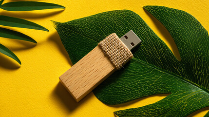 Wooden USB Drive with Leaf and Tag on Yellow