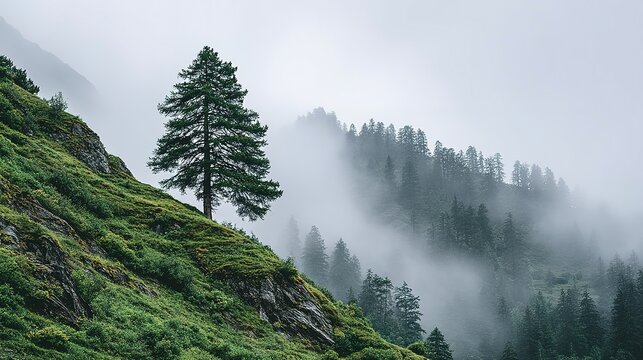 Misty mountainside with a lone pine tree.