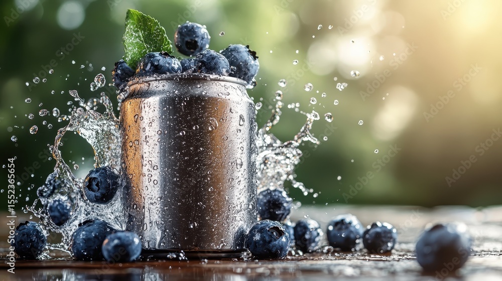 Poster an exciting moment captured with a soda can surrounded by fresh blueberries, creating a dynamic spla
