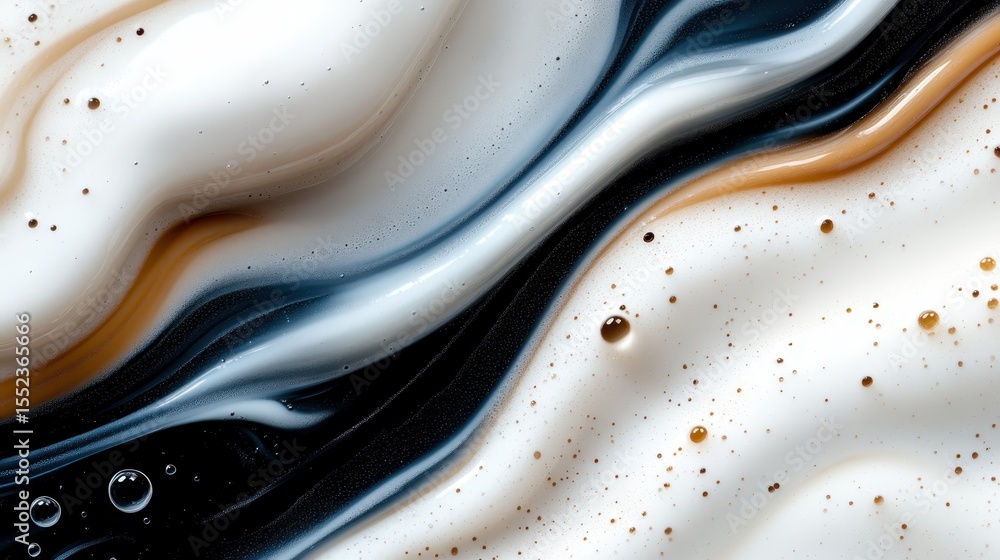 Poster an abstract composition of flowing shapes in cream, coffee, and black, creating a mesmerizing visual
