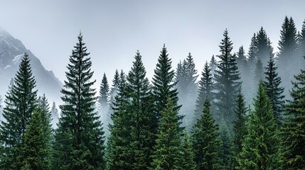 Dense evergreen forest in a misty mountain landscape.