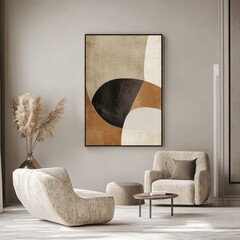 Stylish modern lounge with abstract artwork in warm earth tones, soft upholstered furniture, pampas grass in vase, and minimalist layout with cozy neutral ambiance