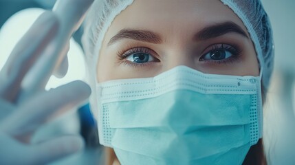 Close-up of female medical worker wearing surgical mask and cap, blue eyes visible, sterile environment, focused expression, healthcare professional in clinical setting