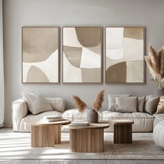 Modern neutral living room interior with abstract wall art triptych, wooden tables, pampas grass, and cozy textured sofa. Natural light enhances the minimalist aesthetic