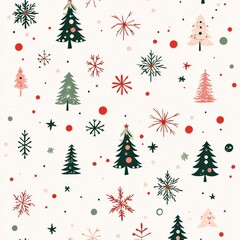 Cheerful festive pattern with various green and red Christmas trees and snowflakes, scattered with colorful dots on light background