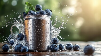 An exciting moment captured with a soda can surrounded by fresh blueberries, creating a dynamic splash effect that emphasizes the freshness and vitality of the fruit.