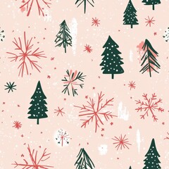 Festive winter pattern with hand-drawn Christmas trees and snowflakes, featuring a soft pink background with subtle snow texture