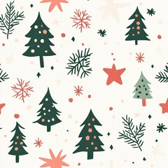 Lively holiday pattern featuring Christmas trees, snowflakes, stars, and fir branches on a clean white background