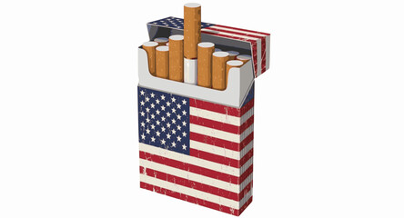 Open cigarette pack with a vintage American flag design. Isolated 3D vector illustration with reflection.