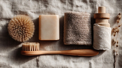 Eco Bathroom Flatlay with Zero Waste Essentials