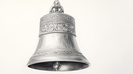 A detailed pencil sketch of an ornate bell, hanging from a chain, showcasing intricate details and metallic texture