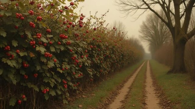 Walking down Rural Path with Red Berries in Foggy Countryside