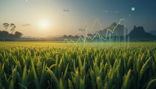 Digital stock market landscape with agricultural theme, the profits from agricultural products are highly anticipated