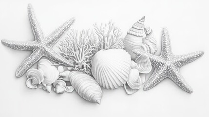 Monochrome arrangement of seashells, starfish, and coral on a white background, creating a beach-themed aesthetic