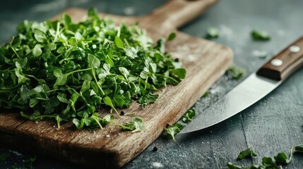 An appealing capture of fresh microgreens scattered on a wooden cutting board, highlighting the vibrant colors and textures of the greens, perfect for emphasizing healthy cooking.