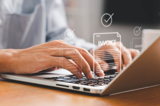 E-Invoice and Digital billing concept, Invoice, Businessman using laptop to manage electronic statements virtual screen. E-tax, Digital receipt, Online invoice processing and tax accounting solutions.
