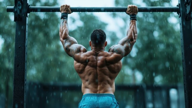 A muscular man performs pull-ups in the rain, showcasing dedication and resilience in his workout, highlighting the strength of determination against challenging weather conditions.