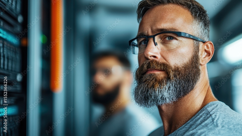 Poster a focused bearded man gazes intensely at the camera, set in a high-tech environment filled with serv