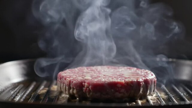 Sizzling hamburger patty smoking on hot grill. Ideal for food blogs, restaurant menus, or summer BBQ advertising materials.